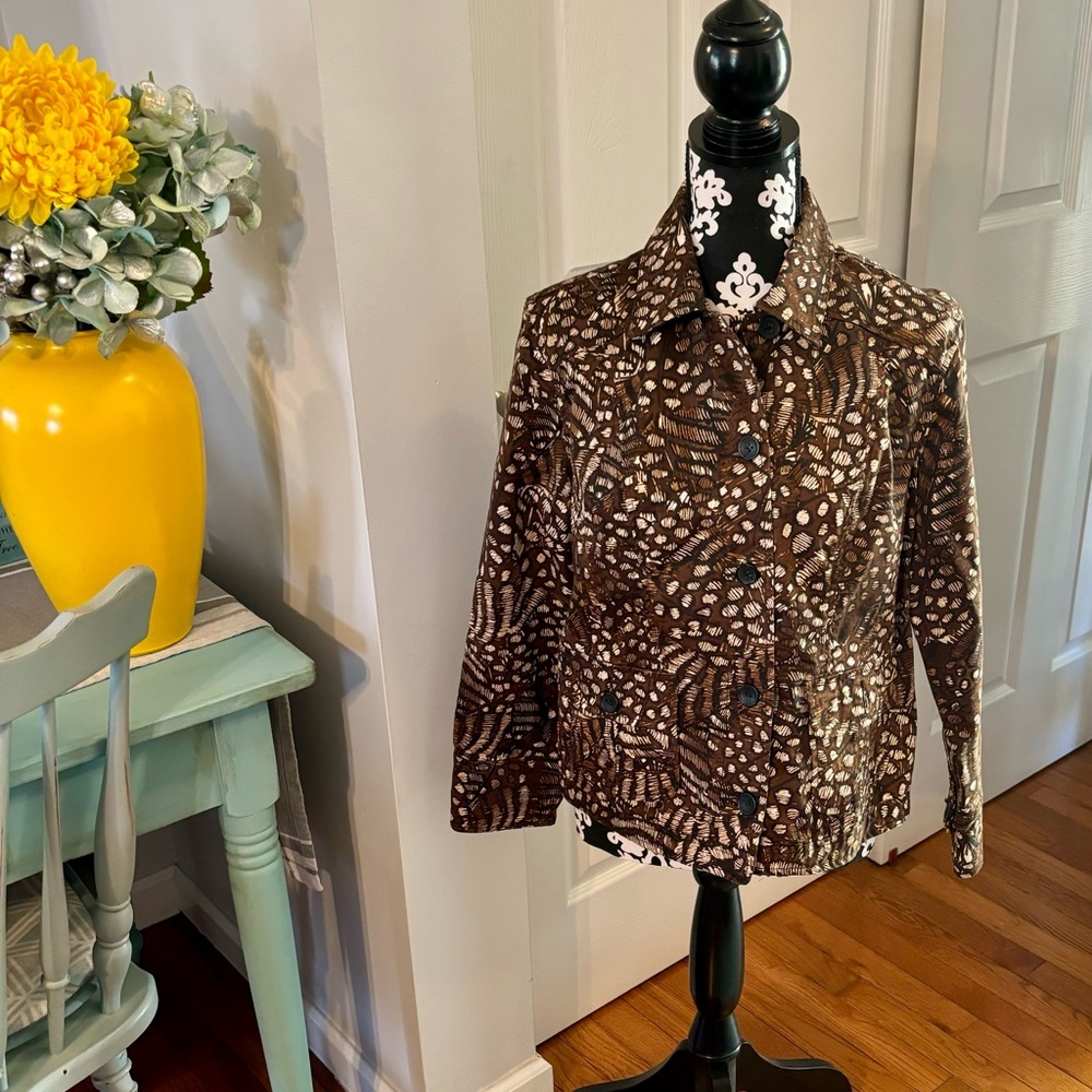 CHICOS Brown Tan Button Front Casual Cotton Blazer Coat Jacket Size 1 Medium 8